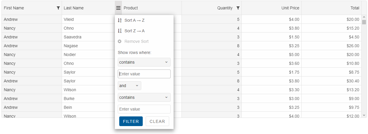 Grid Sort Menu Grid Sort Menu